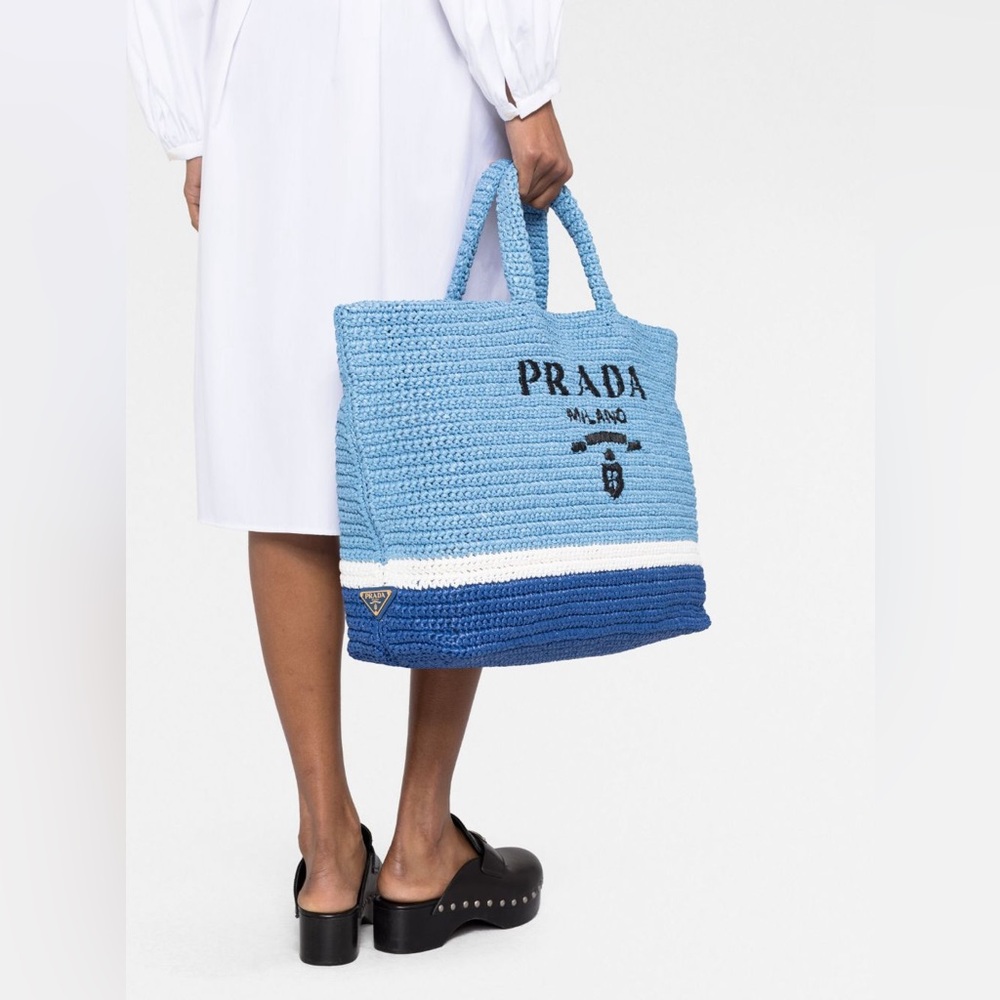 Prada Large Raffia Tote Beach Bag Shopping Light Blue - Picture 3 of 12